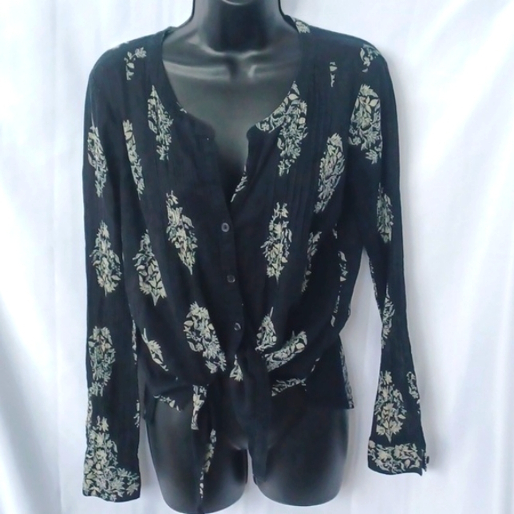 LUCKY BRAND WOMEN FLORAL BUTTON DOWN SHIRT SEE THROUGH BLACK WHITE SIZE M